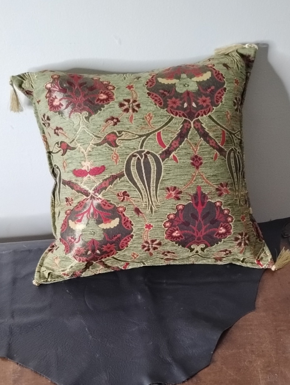 Green Decorative Throw Pillow with Red & Gold Floral Damask